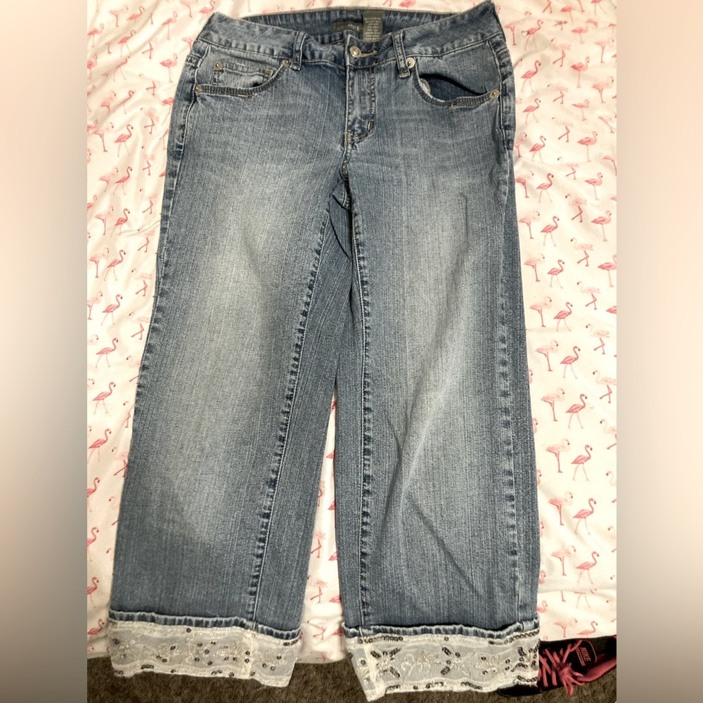 Denim Capris w Lace and Sequins on the bottom